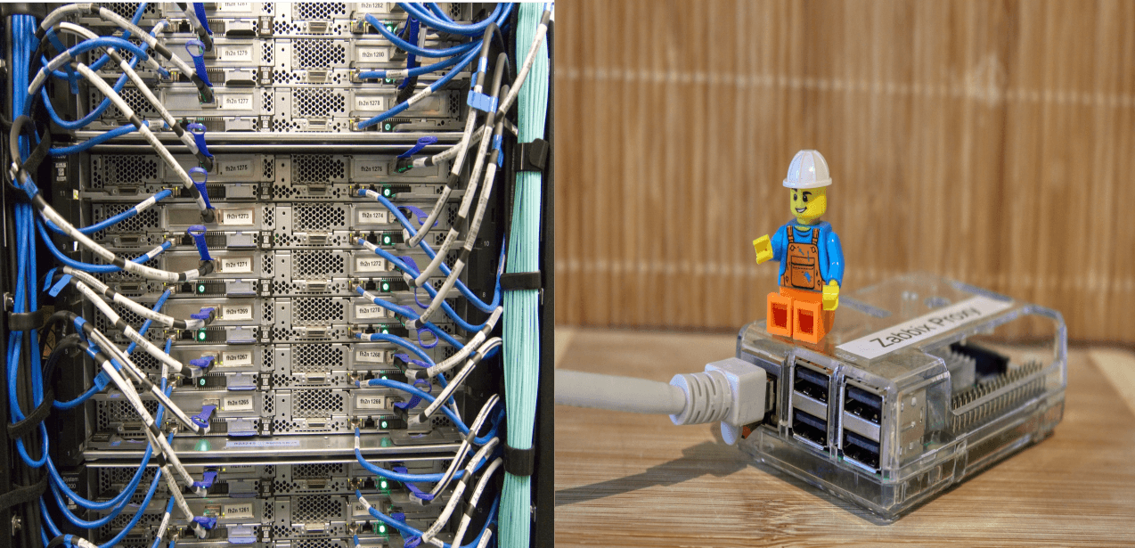 Typical web server hardware (left) and microcontroller hardware (right)