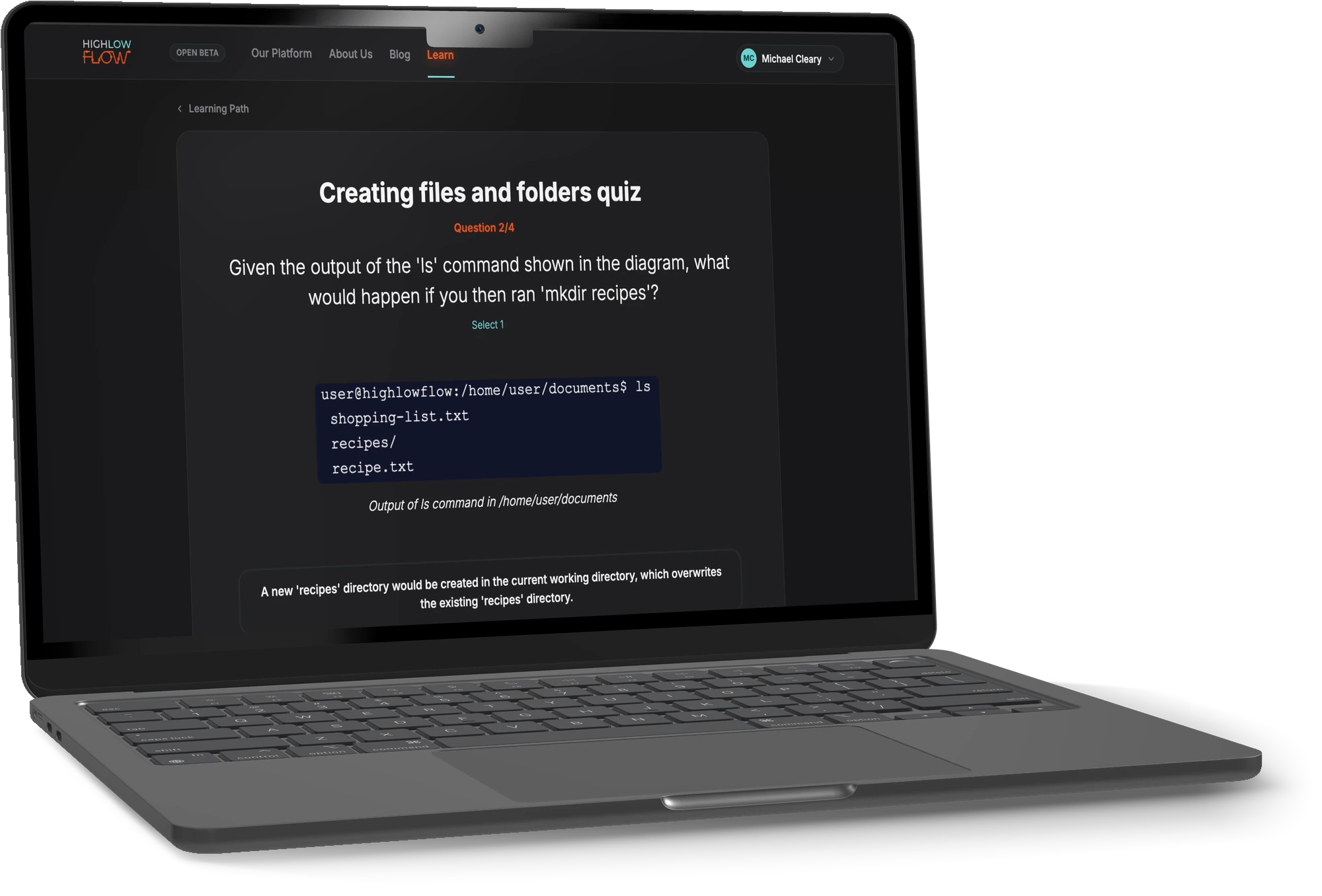 A HighLowFlow quiz question on a laptop